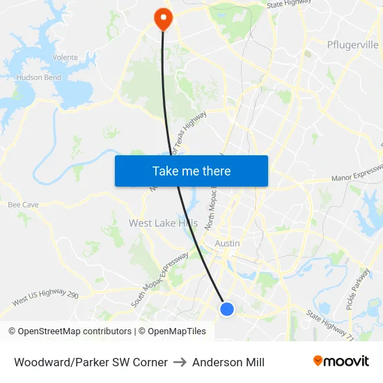 Woodward/Parker SW Corner to Anderson Mill map