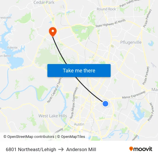 6801 Northeast/Lehigh to Anderson Mill map
