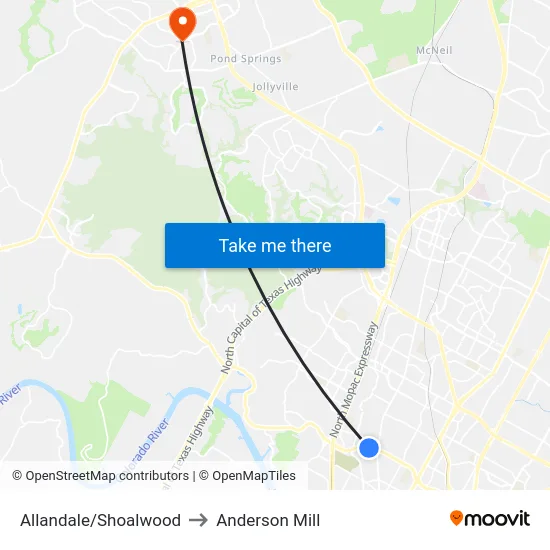 Allandale/Shoalwood to Anderson Mill map