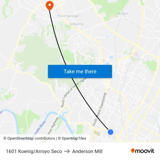 1601 Koenig/Arroyo Seco to Anderson Mill map