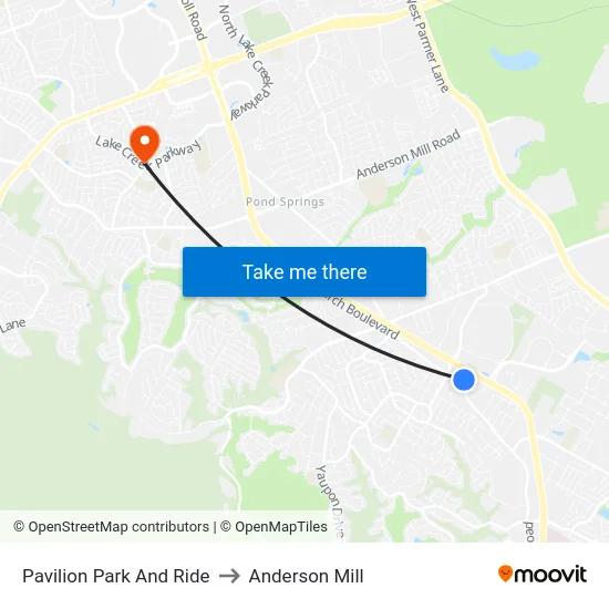 Pavilion Park And Ride to Anderson Mill map