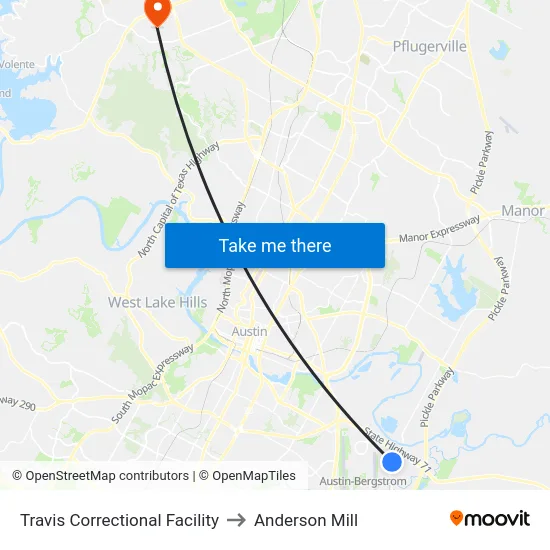Travis Correctional Facility to Anderson Mill map