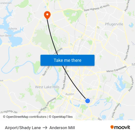 Airport/Shady Lane to Anderson Mill map