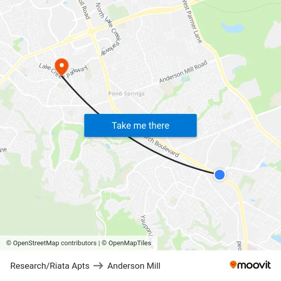 Research/Riata Apts to Anderson Mill map