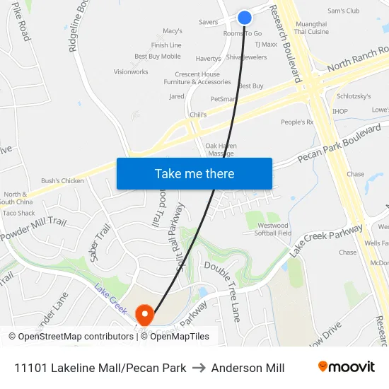 11101 Lakeline Mall/Pecan Park to Anderson Mill map