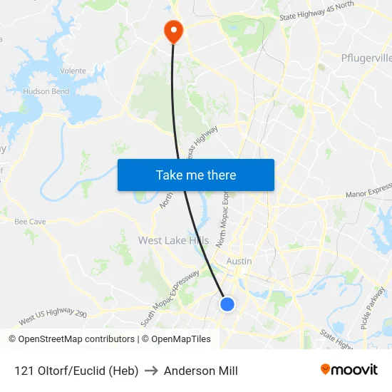121 Oltorf/Euclid (Heb) to Anderson Mill map