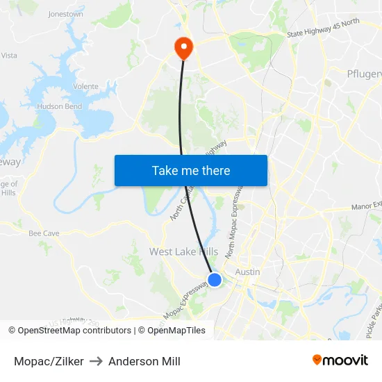 Mopac/Zilker to Anderson Mill map