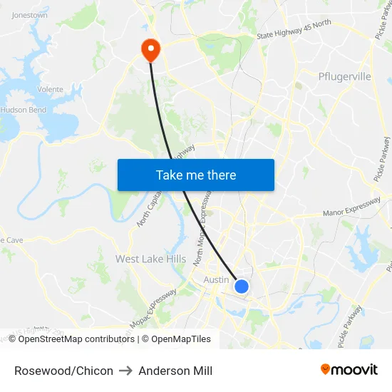 Rosewood/Chicon to Anderson Mill map