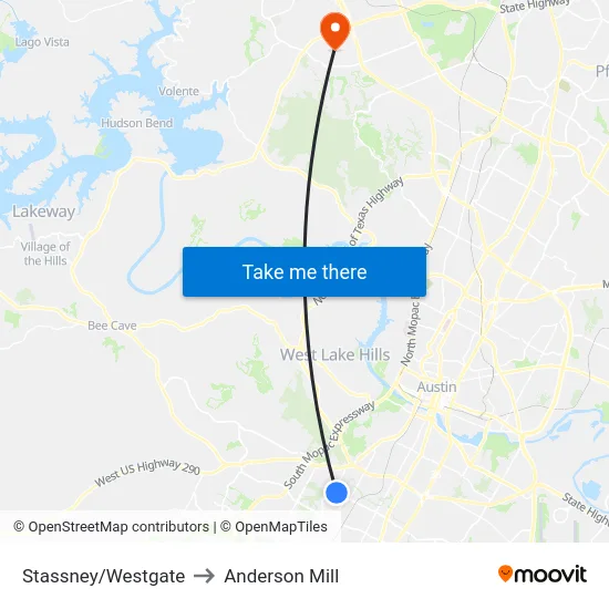 Stassney/Westgate to Anderson Mill map