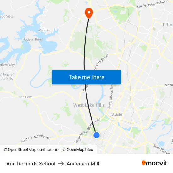 Ann Richards School to Anderson Mill map