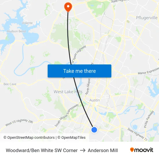 Woodward/Ben White SW Corner to Anderson Mill map