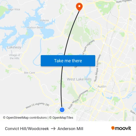 Convict Hill/Woodcreek to Anderson Mill map