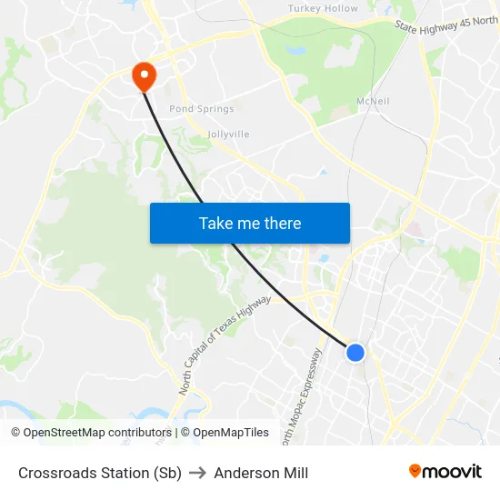 Crossroads Station (Sb) to Anderson Mill map