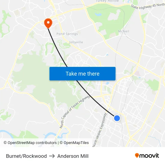 Burnet/Rockwood to Anderson Mill map
