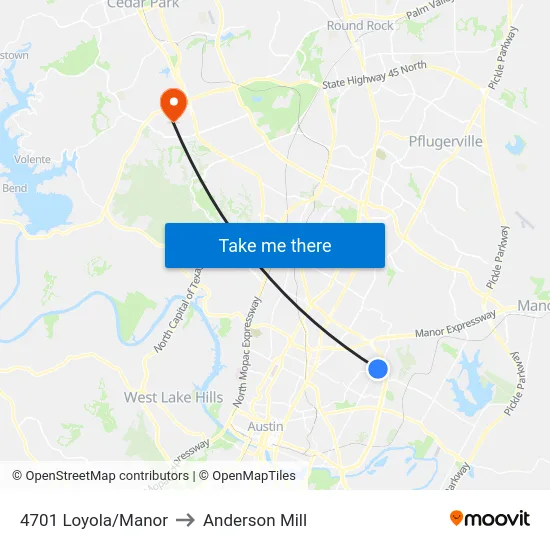 4701 Loyola/Manor to Anderson Mill map