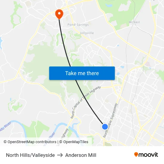 North Hills/Valleyside to Anderson Mill map