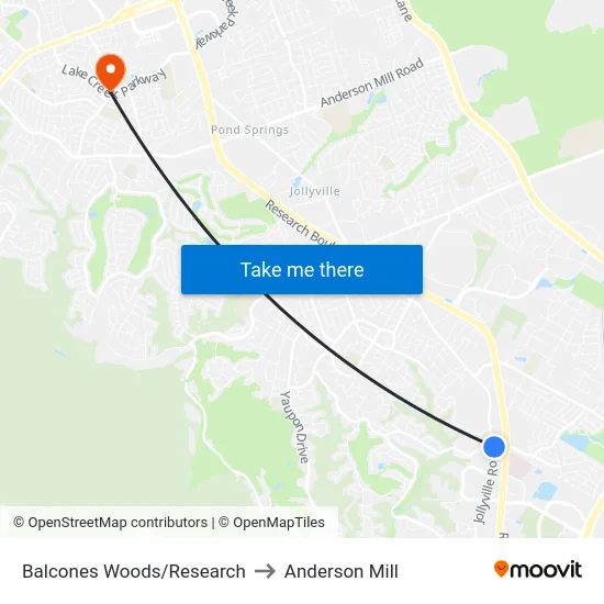 Balcones Woods/Research to Anderson Mill map