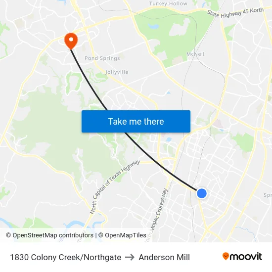 1830 Colony Creek/Northgate to Anderson Mill map