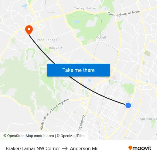 Braker/Lamar NW Corner to Anderson Mill map