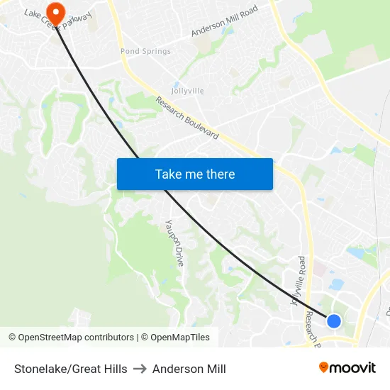 Stonelake/Great Hills to Anderson Mill map