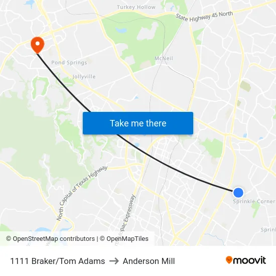 1111 Braker/Tom Adams to Anderson Mill map