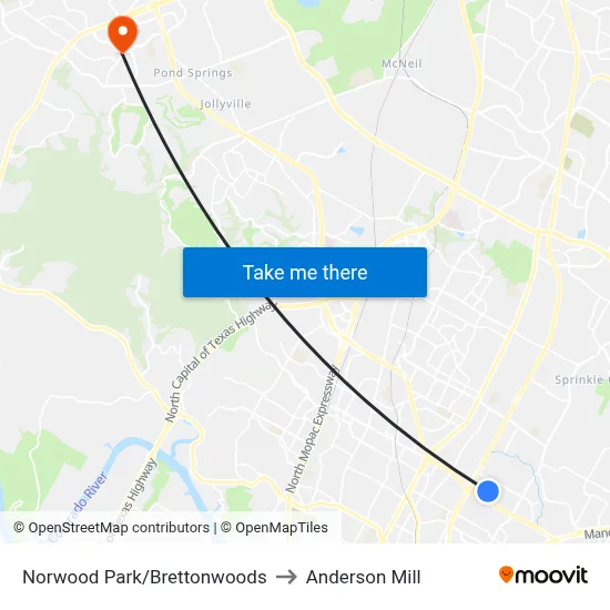 Norwood Park/Brettonwoods to Anderson Mill map