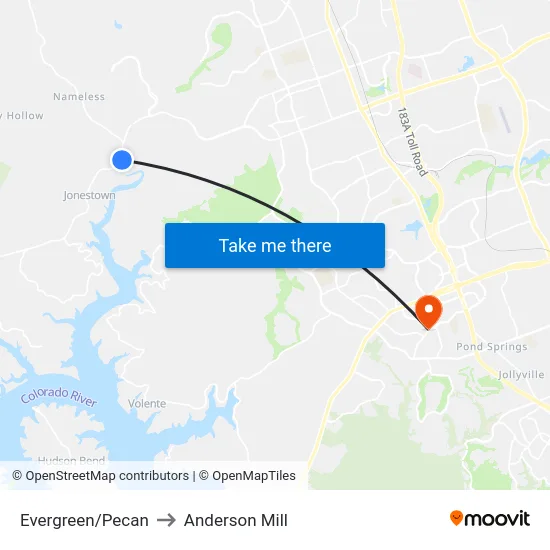 Evergreen/Pecan to Anderson Mill map