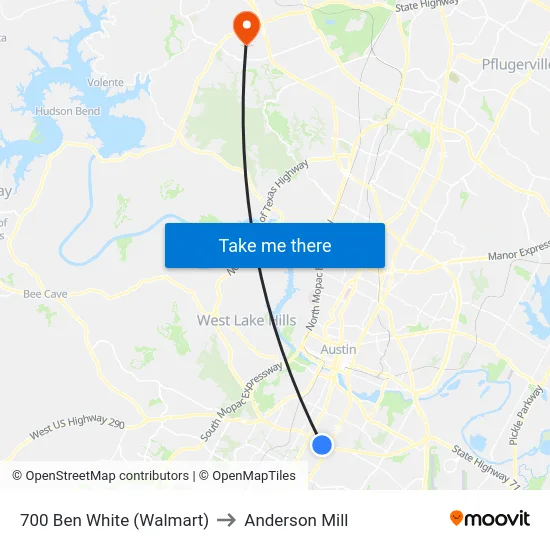700 Ben White (Walmart) to Anderson Mill map