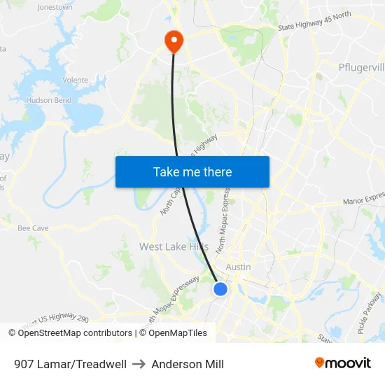 907 Lamar/Treadwell to Anderson Mill map