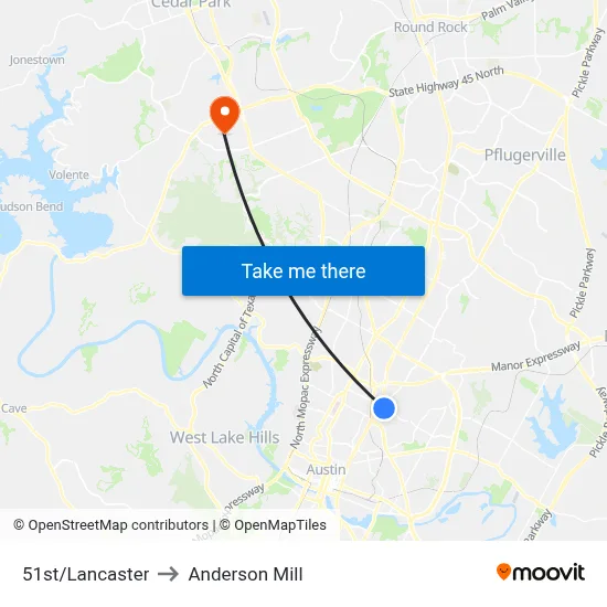 51st/Lancaster to Anderson Mill map