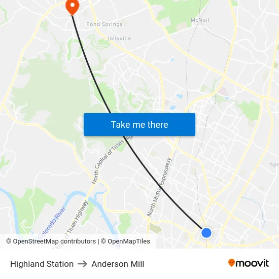 Highland Station to Anderson Mill map