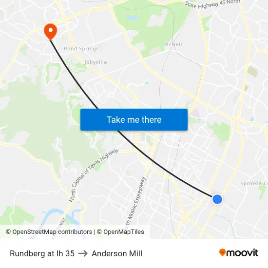 Rundberg at Ih 35 to Anderson Mill map
