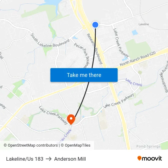 Lakeline/Us 183 to Anderson Mill map