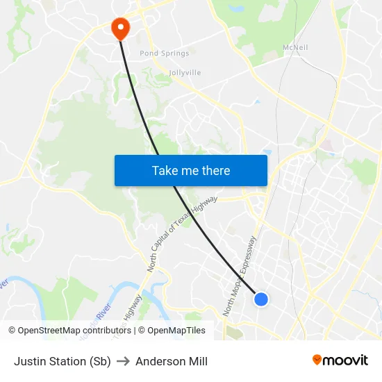 Justin Station (Sb) to Anderson Mill map