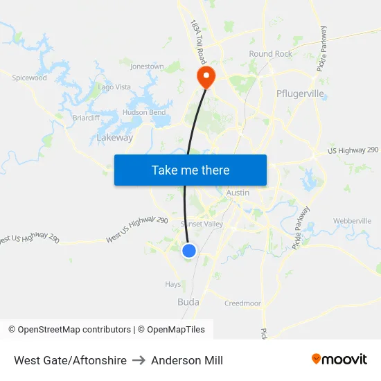 West Gate/Aftonshire to Anderson Mill map