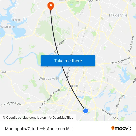 Montopolis/Oltorf to Anderson Mill map