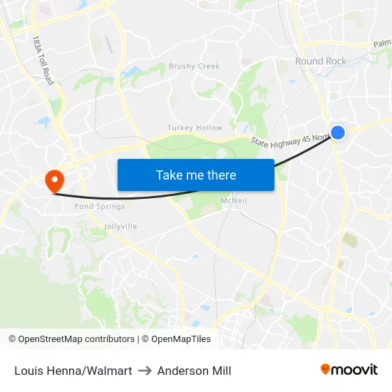 Louis Henna/Walmart to Anderson Mill map