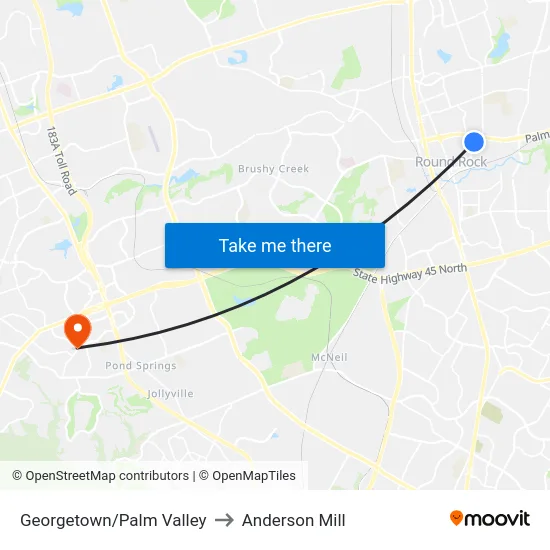 Georgetown/Palm Valley to Anderson Mill map