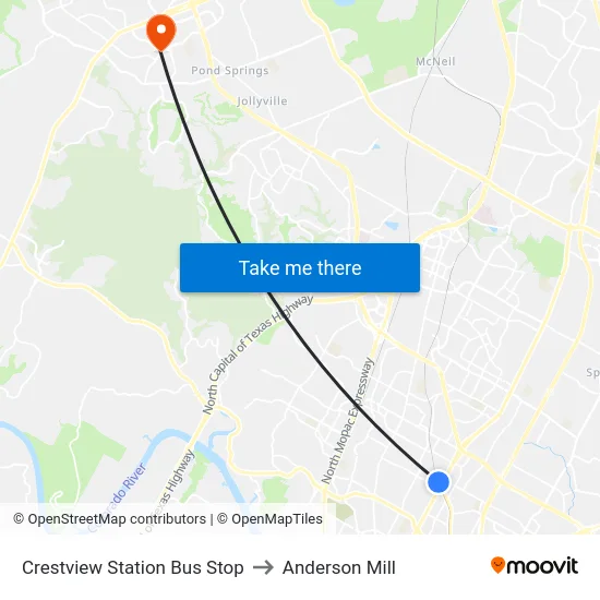 Crestview Station Bus Stop to Anderson Mill map