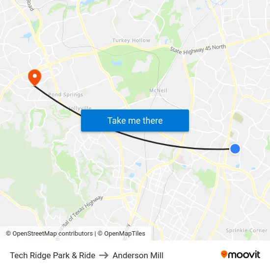 Tech Ridge Park & Ride to Anderson Mill map