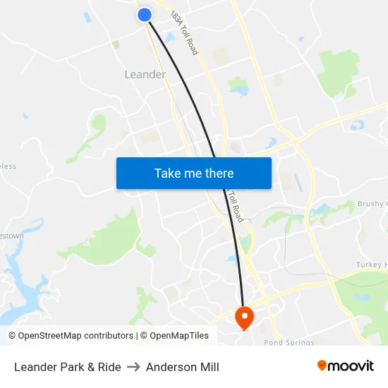 Leander Park & Ride to Anderson Mill map