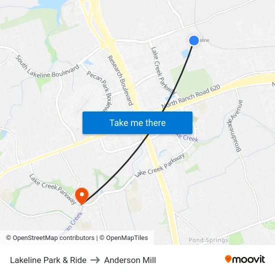 Lakeline Park & Ride to Anderson Mill map