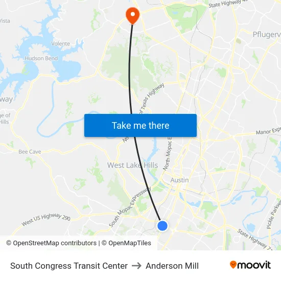 South Congress Transit Center to Anderson Mill map