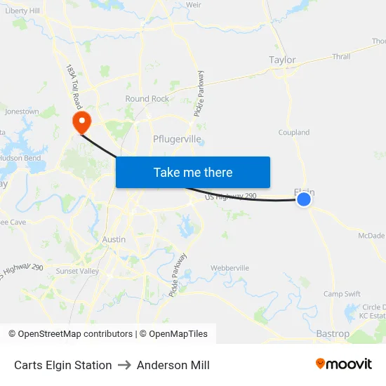 Carts Elgin Station to Anderson Mill map