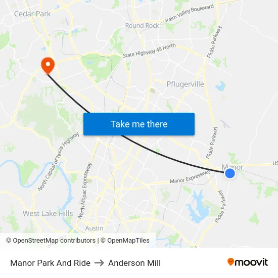 Manor Park And Ride to Anderson Mill map