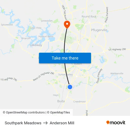 Southpark Meadows to Anderson Mill map