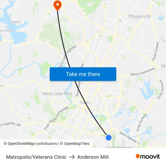 Metropolis/Veterans Clinic to Anderson Mill map