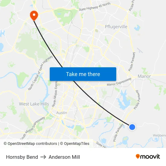 Hornsby Bend to Anderson Mill map