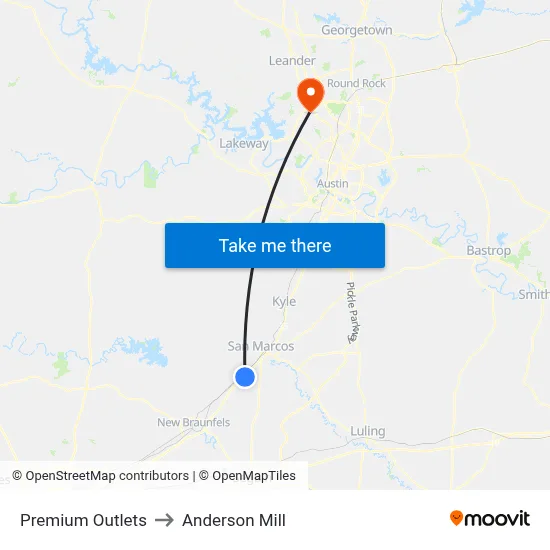 Premium Outlets to Anderson Mill map