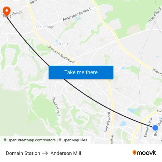 Domain Station to Anderson Mill map